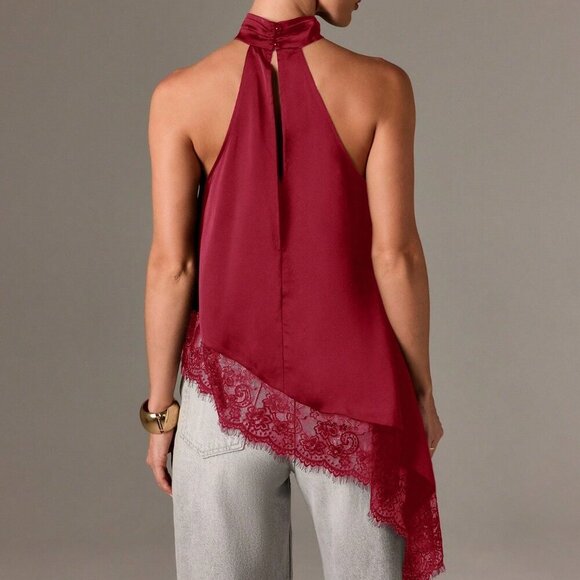 Burgundy elegant Women's Sleeveless High Neck Lace Trim Asymmetric Satin Top - Picture 2 of 5